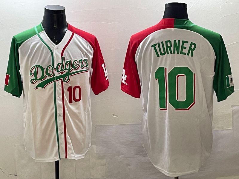 Men Los Angeles Dodgers 10 Turner White Green Game 2025 Nike MLB Jersey style 6